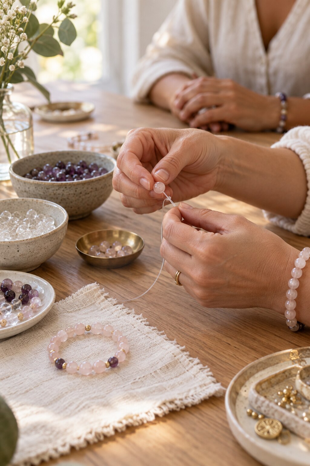 Guests making crystal bracelets during a mindful group workshop