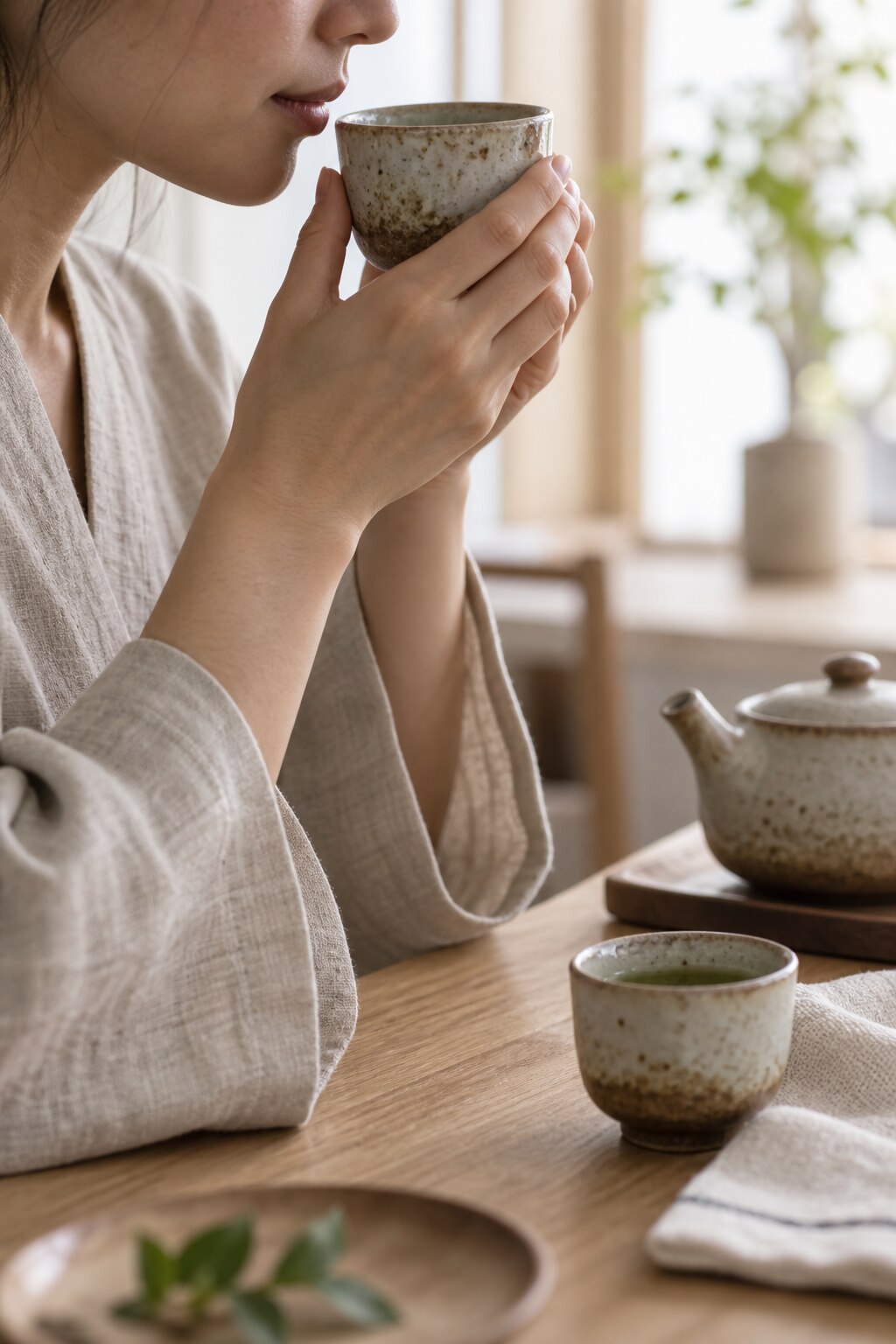 Guests sharing a mindful tea experience with Japanese cups